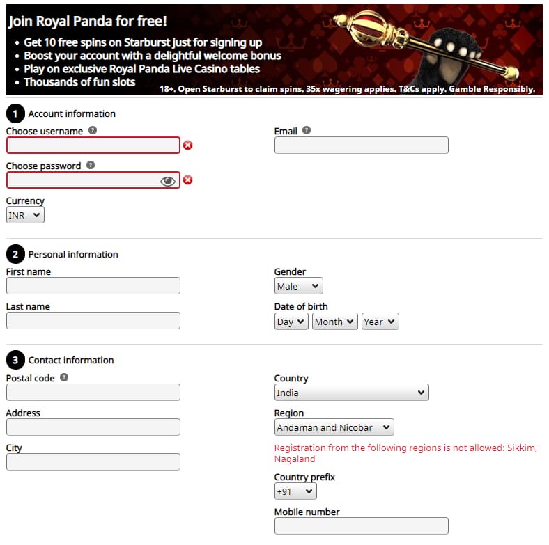 Registration in Royal Panda