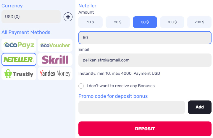 Deposit and Withdrawal methods